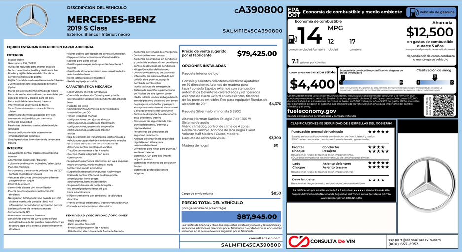 Etiqueta Window Sticker Mercedes Benz por VIN | Consulta VIN